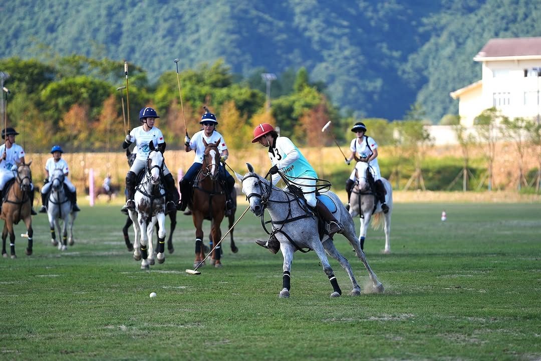 A polo match in play with green mountains behind the field